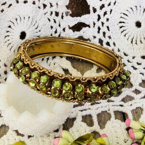 Vintage Green Bohemian Rhinestone Christmas Bangle Bracelet Gold Tone